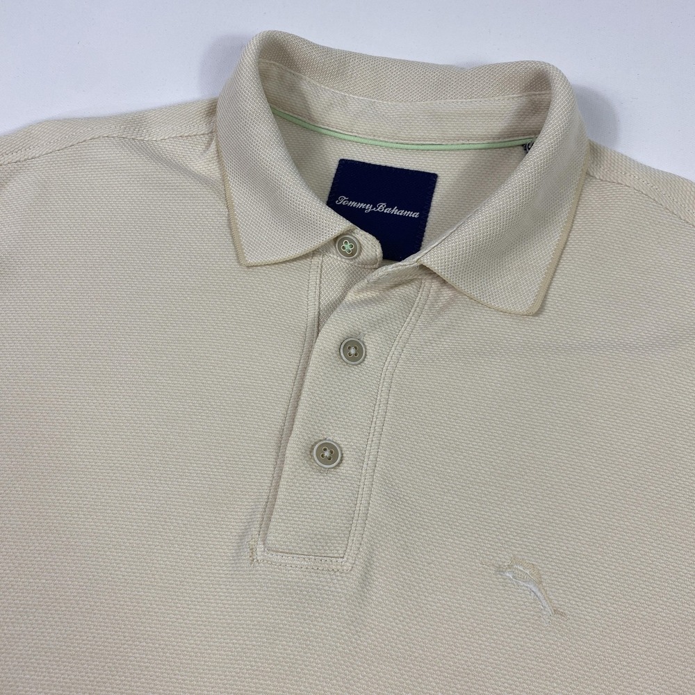 Tommy Bahama Polo Shirt Mens XL Beige Short Sleeve Pique Embroidered Marlin Golf